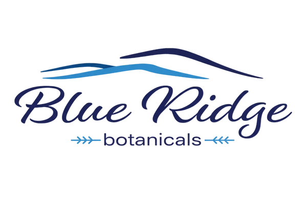 Blue Ridge Botanicals logo with blue text and mountain design
